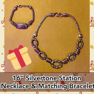 16" Links & Station Silvertone Necklace & Bracelet